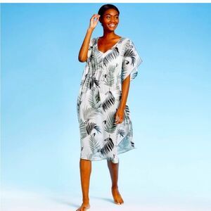 Kona Sol Black and White Leaf Print Swim Cover-Up
